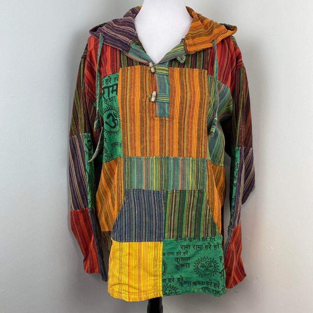 Kathmandu Imports Boho Colorful Patchwork Tunic Hoodie M/L 100% Cotton